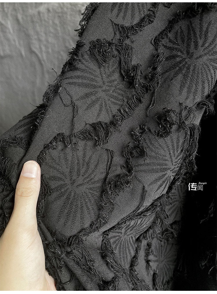 Black Jacquard Tassel Fabric: Cotton Linen Blend, 57" Wide