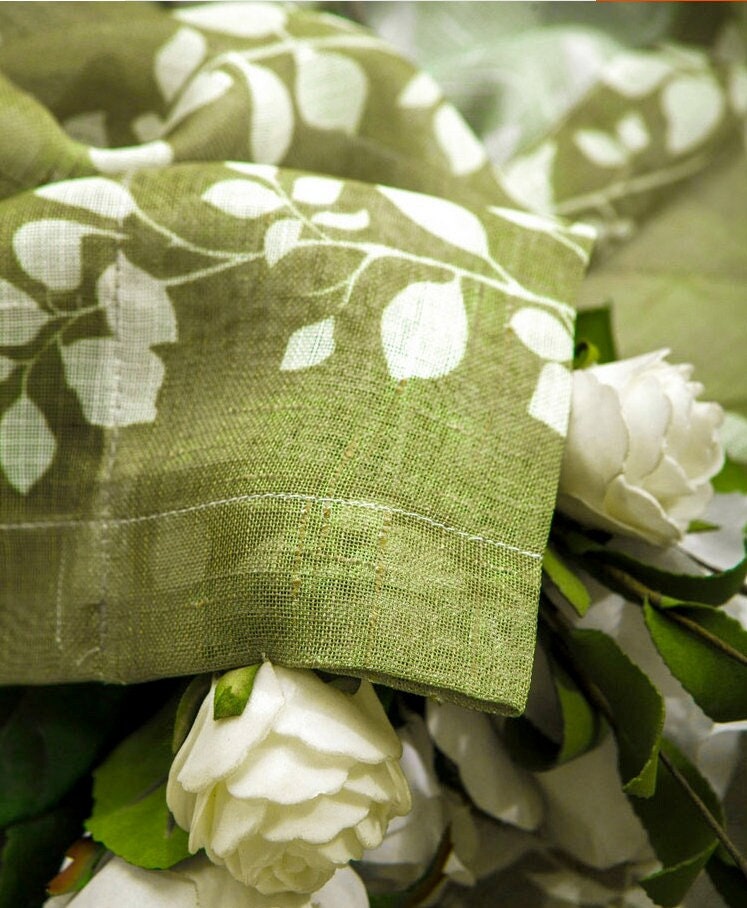 Apple Green Linen Curtain Fabric: Floral Print Veil, 110" H