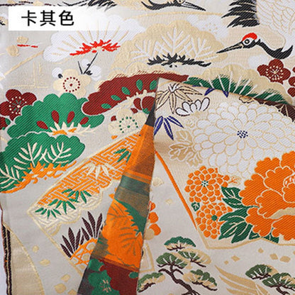 Japanese Crane Jacquard Satin Fabric: Pale Gold Bird Print, 29.5"W