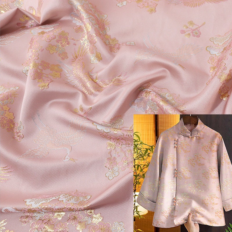 Gold Thread Jacquard Fabric: Floral Crane Design, 59" Wide