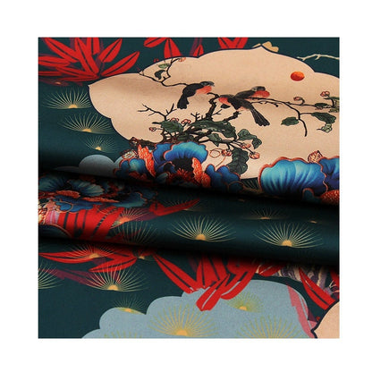 Tissu damassé en soie à motif floral et oiseaux - 150 cm de large, satin, gaze cantonaise gambierée