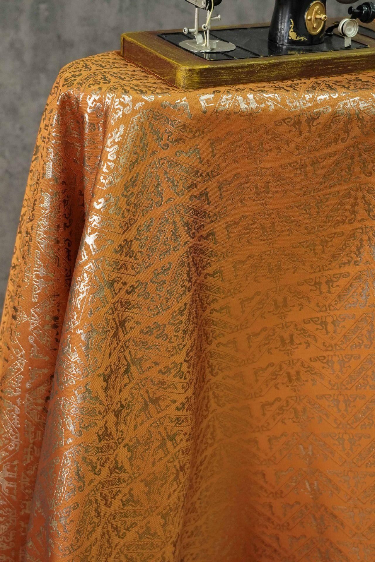 Gold Weaving Jacquard Fabric: Ethnic Upholstery, Sewing, Costume - 59"W