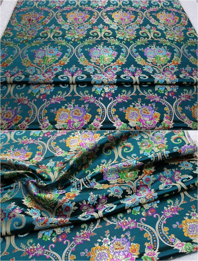 Tissu brocart à motifs floraux : 75 cm de large, style tibétain vintage, soie et rayonne