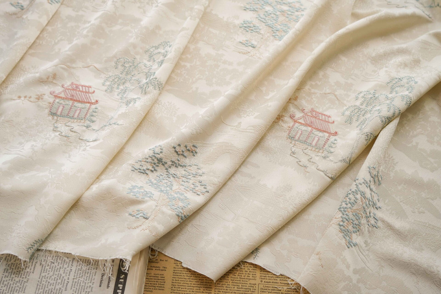 Embroidered Jacquard Fabric: Apricot Ancient Paintings, 59" Wide