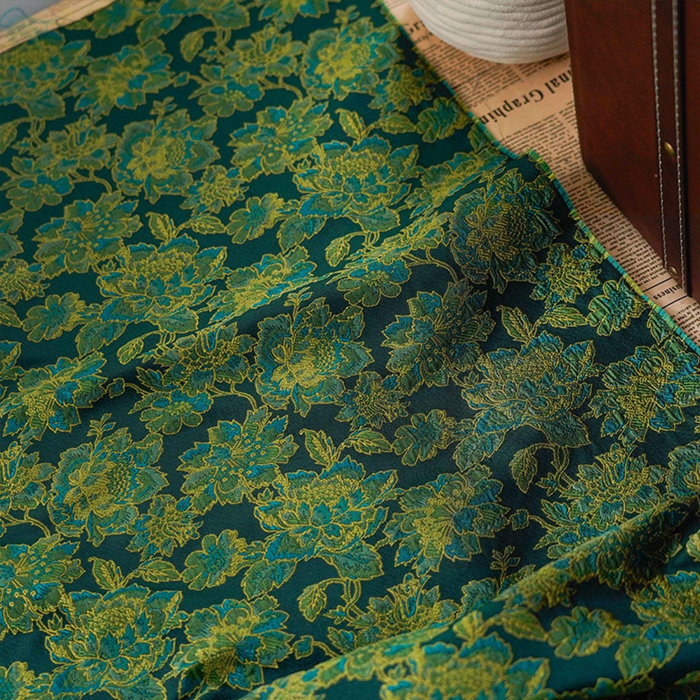 Green Floral Jacquard Damask Fabric: 55"W Oriental Costume Decor