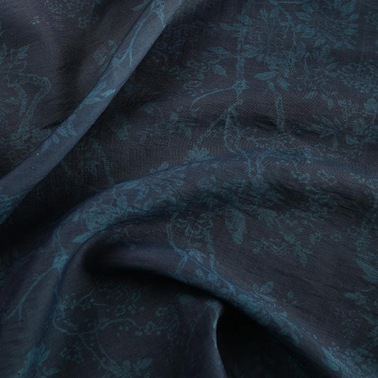 Dark Blue Floral Tencel Ramie Fabric: Sewing Material By Meter