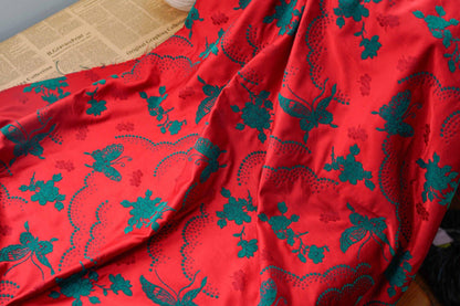 Butterfly Flower Chenille Jacquard Fabric: Red & Green Upholstery, Quilting (By The Meter)