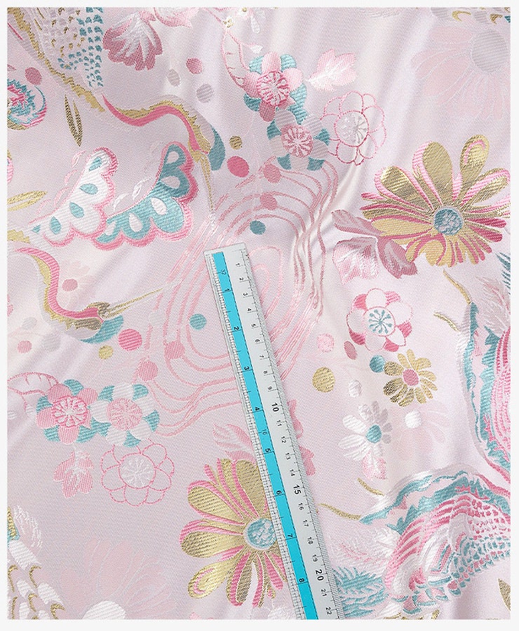 Baby Pink Crane Brocade Fabric: 59"W Jacquard Satin, Costume Decor