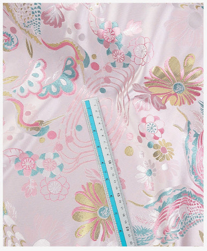 Baby Pink Crane Brocade Fabric: 59"W Jacquard Satin, Costume Decor