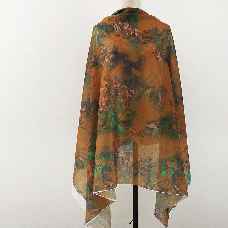 Tissu Tencel Ramie : Motif peinture de montagne, matériau pour la confection de robes