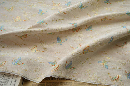 Beige Chenille Jacquard Fabric: Butterfly Foil Upholstery, Costume, Decor