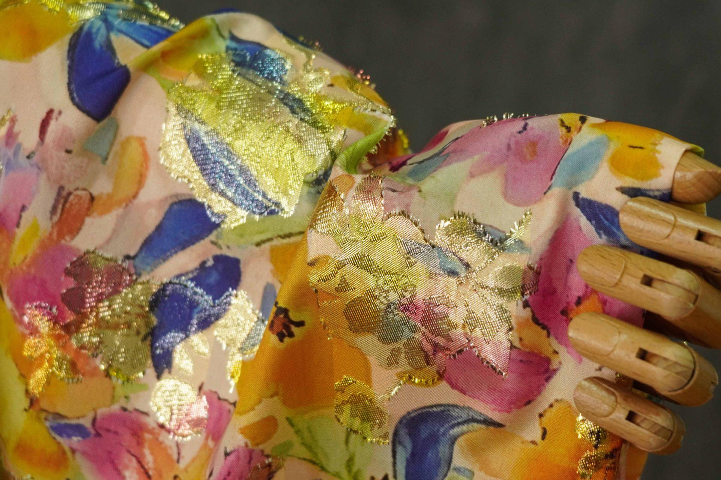 Floral Jacquard Woven Fabric: 3D Gold Thread Embossed Texture, 57" Wide