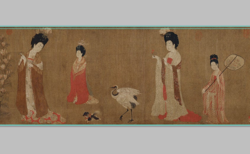 Linen Fabric: Tang Dynasty Ladies with Hairpins, Antique Style (55"W)