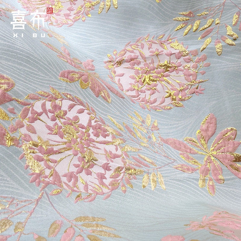 Gold Thread Jacquard Fabric: 3D Floral Design, 56" Wide