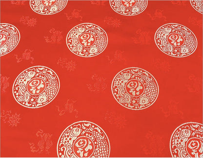 Brocart rouge de Chine : motif Deux Poissons et Fu, 150 cm de large