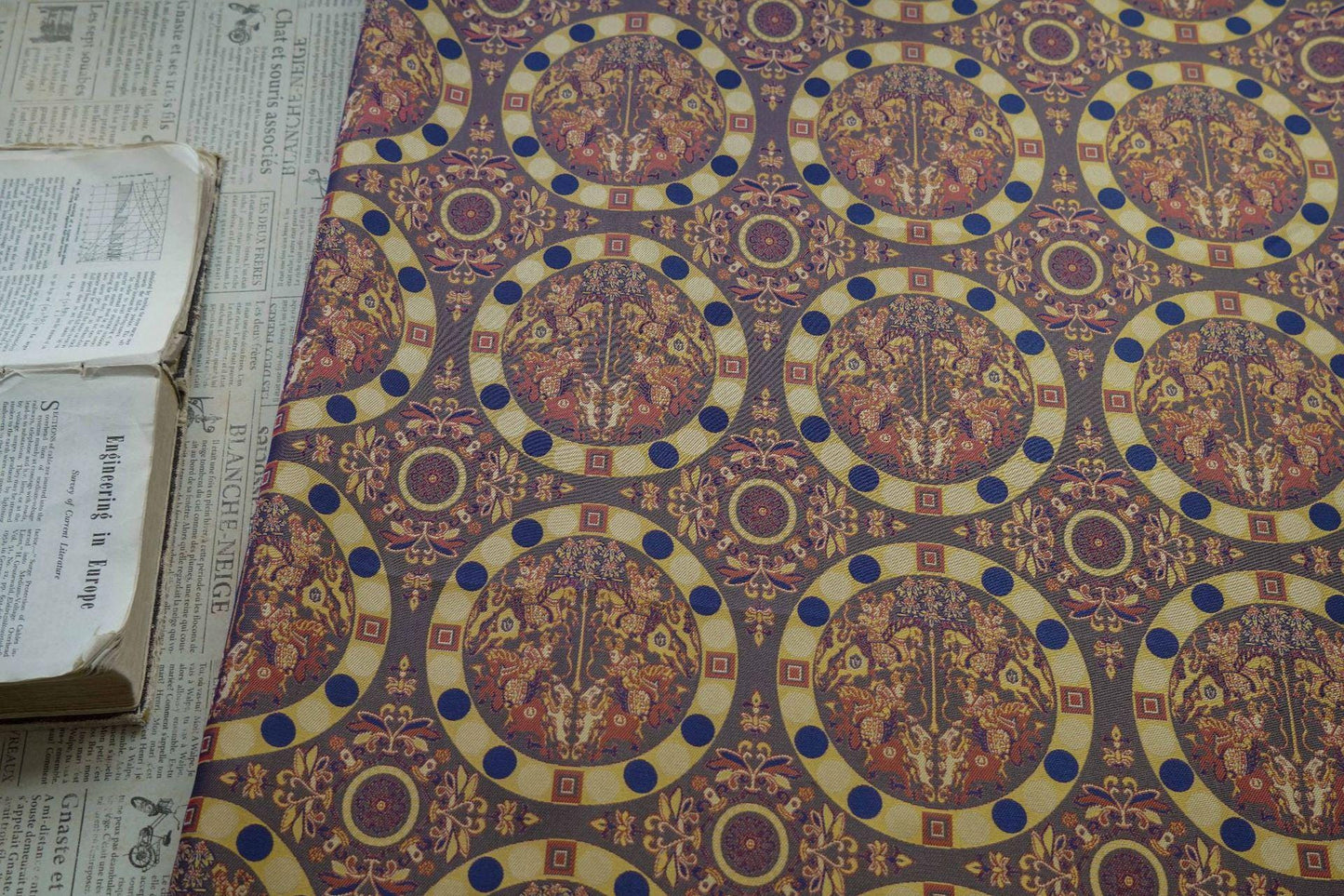 Gold Brocade Jacquard Fabric: Retro Palace Style Damask, 58" Wide