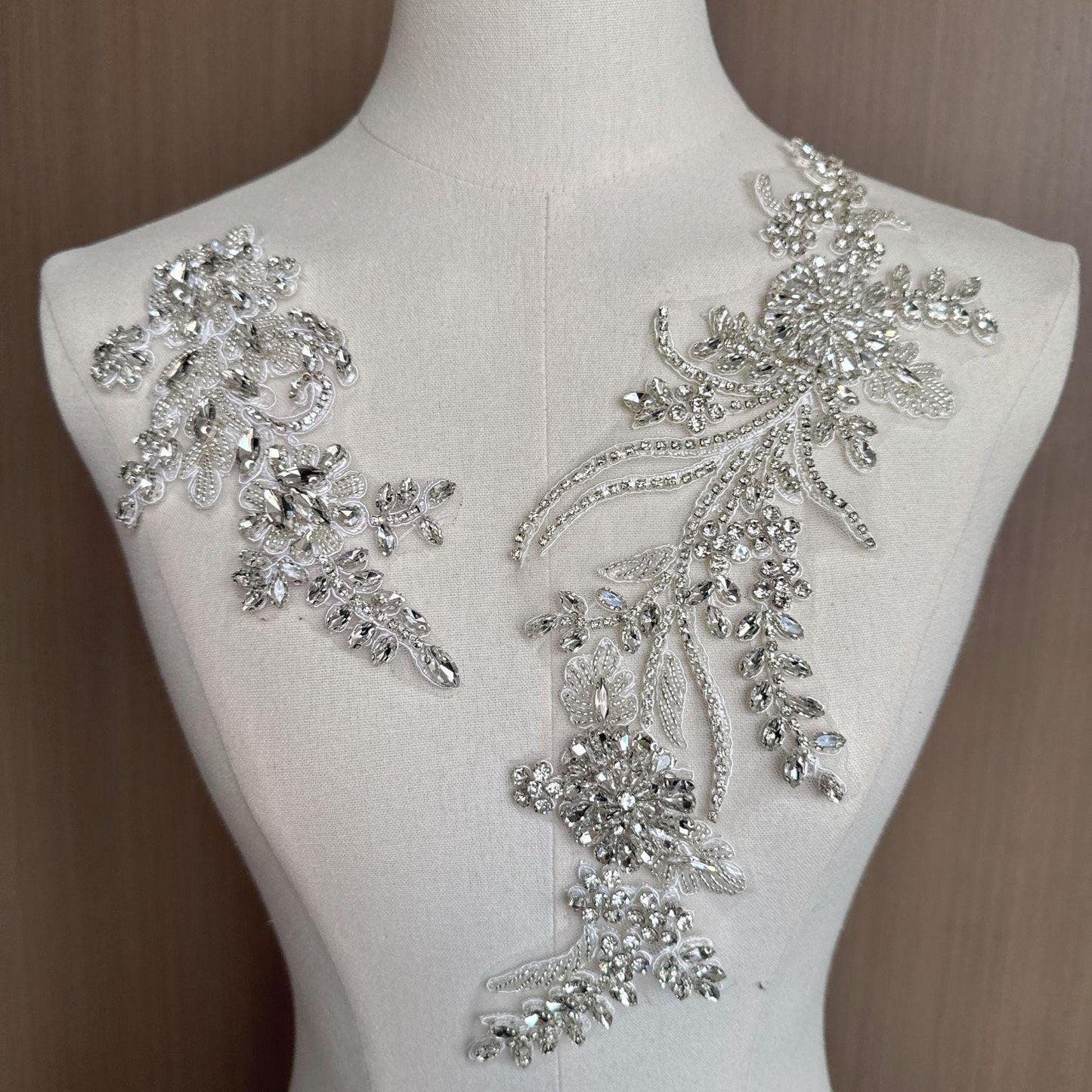 Embroidered Lace Trim with Rhinestones: Bridal Wedding Dress Applique