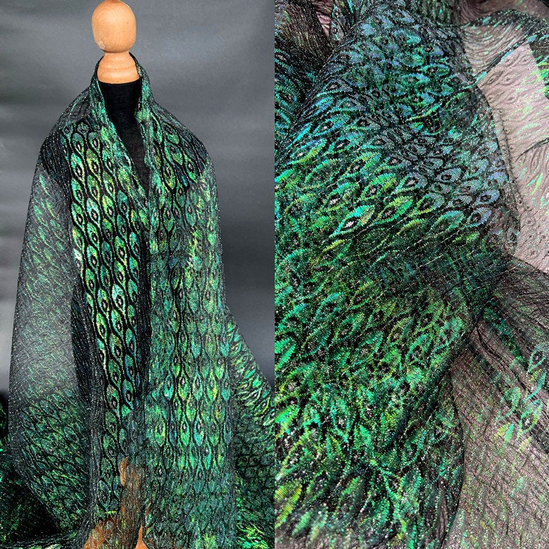 Laser Peacock Feather Mesh Fabric, Colorful See Through Lace