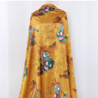 Peach Teal Tea Silk Satin Fabric: Floral Print, 59" Wide