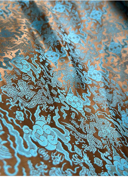 Tissu brocart bleu sarcelle à motif de dragon chinois : mélange de soie et de rayonne, 75 cm de large