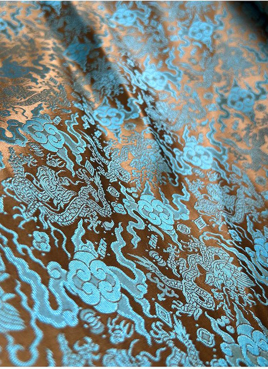 Tissu brocart bleu sarcelle à motif de dragon chinois : mélange de soie et de rayonne, 75 cm de large