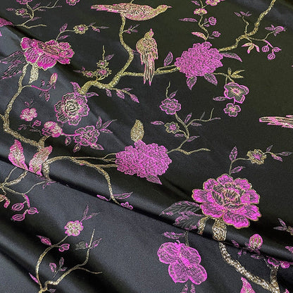 Metallic Brocade Fabric: Damask Jacquard Satin, 57"W, Floral Bird Pattern