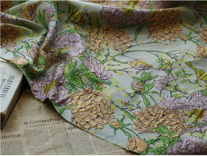 Embossed Jacquard Fabric: 3D Birds and Flowers, 55" Wide