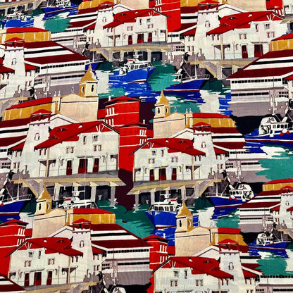 Tissu en coton des années 1960 : imprimé village côtier, 150 cm de large