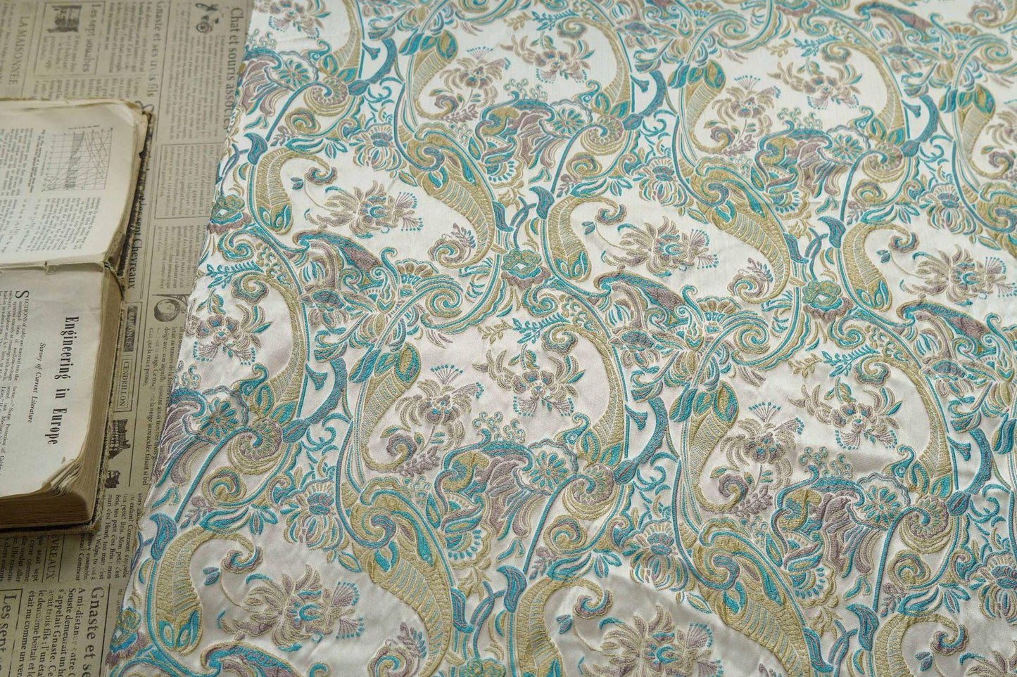 Blue & Yellow Embossed Jacquard Fabric, Palace Damask, 60"W, Meter