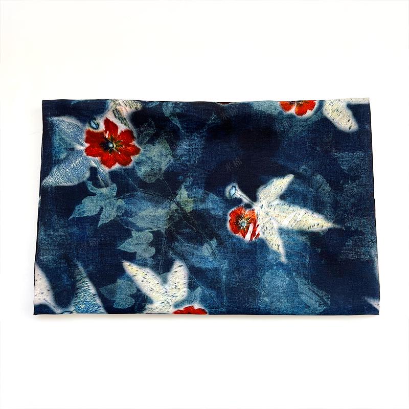 Indigo Butterfly Floral Cotton Fabric ��� Red Accent Pri" Wide