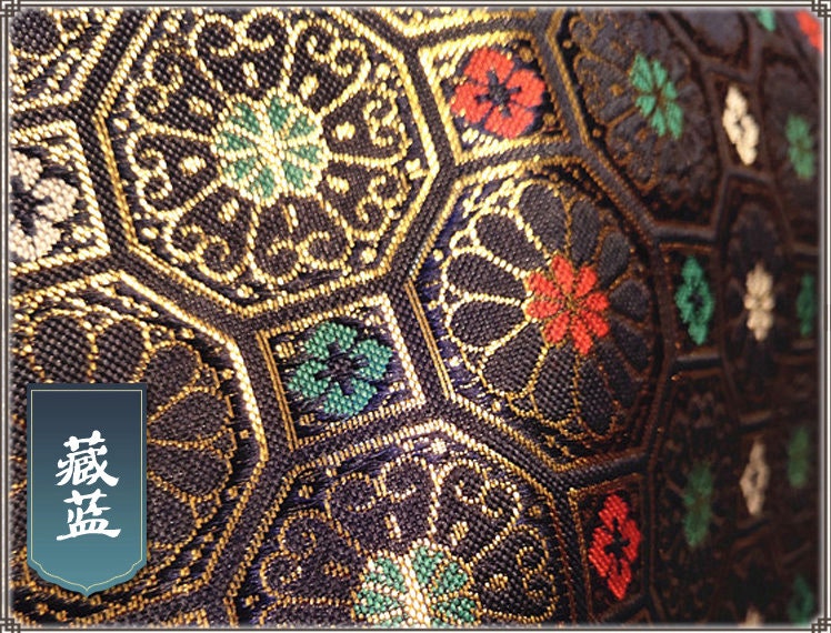 Dark Navy Brocade Fabric: Octagonal Copper Lattice, Silk Rayon Blend