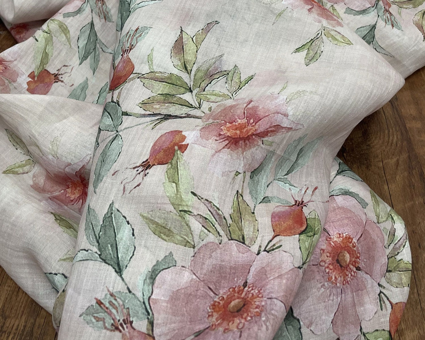Peony Print Ramie Fabric: Natural Fiber Sewing Material, 55"W