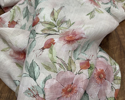 Peony Print Ramie Fabric: Natural Fiber Sewing Material, 55"W