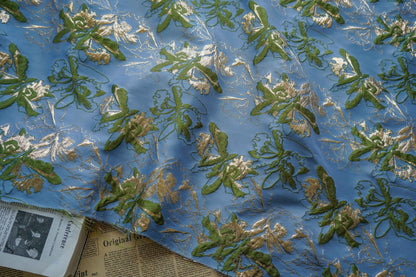 Blue Dandelion Jacquard Fabric: Gold Shimmering Embossed Woven, 57"W - By The Meter