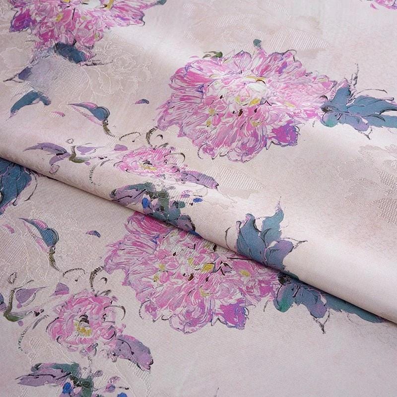 Peony Tea Silk Satin Fabric: Purple Pink Floral Print, 55"W