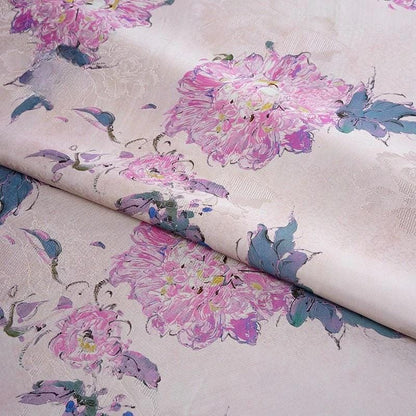 Peony Tea Silk Satin Fabric: Purple Pink Floral Print, 55"W