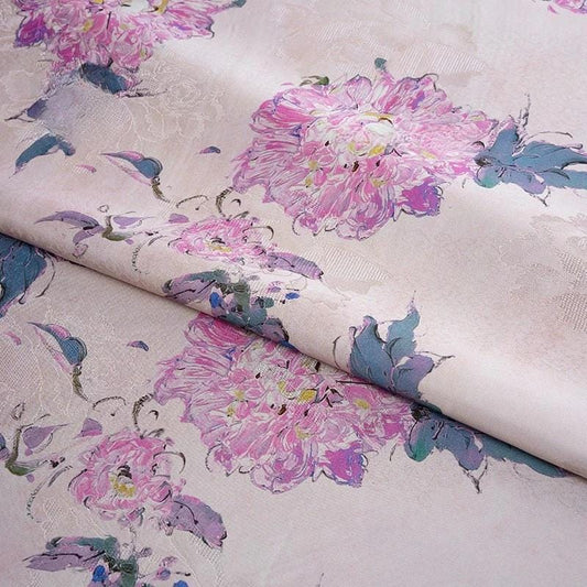 Peony Tea Silk Satin Fabric: Purple Pink Floral Print, 55"W