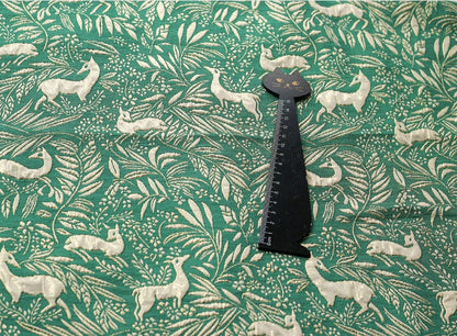 Green Jacquard Fabric with Gold Thread: Deer & Floral Design, 55" Wide