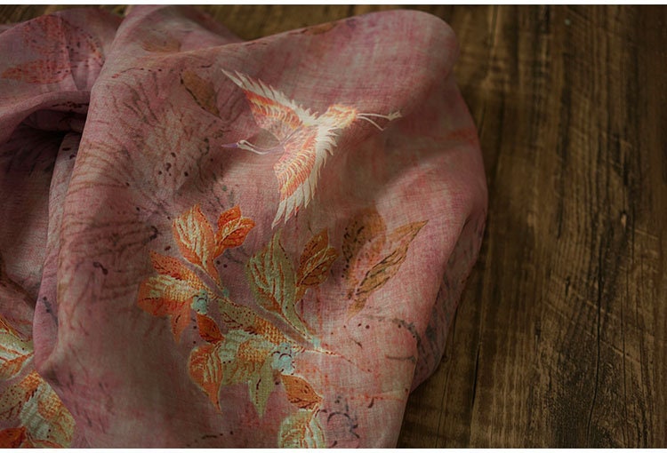 Tissu ramie : motif grue porte-bonheur, textile d'ameublement doux, 140 cm de large