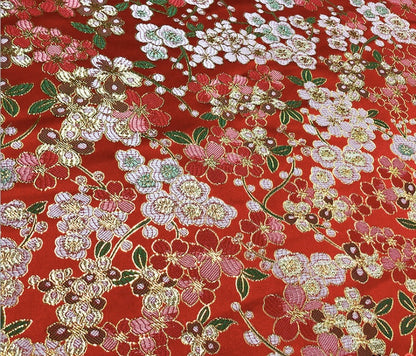 Red Cherry Blossom Brocade Fabric: Satin Jacquard Weave, 59"W