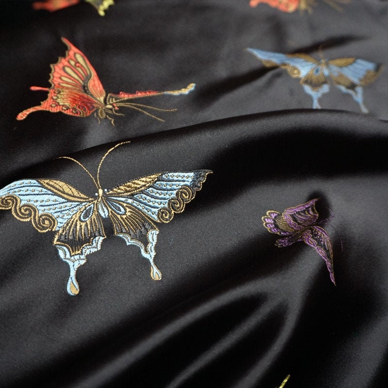Black Silk Brocade Fabric: Butterfly Floral Jacquard (45"W)