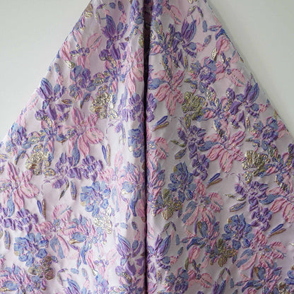 Gold Thread Floral Jacquard Fabric: Pink Purple 3D Designer Fabric, 55"W
