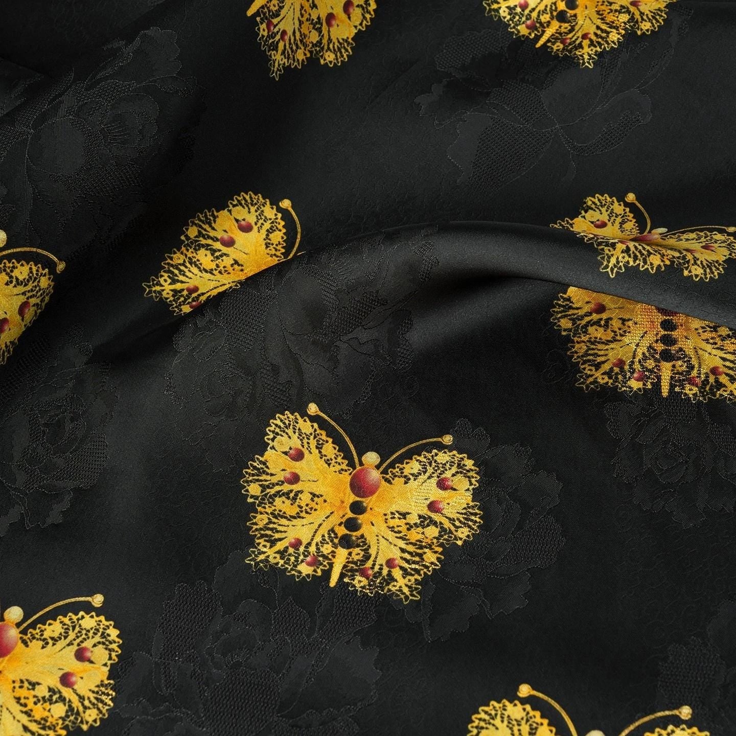 Black & Gold Butterfly Silk Jacquard Fabric: Cheongsam Hanfu Material