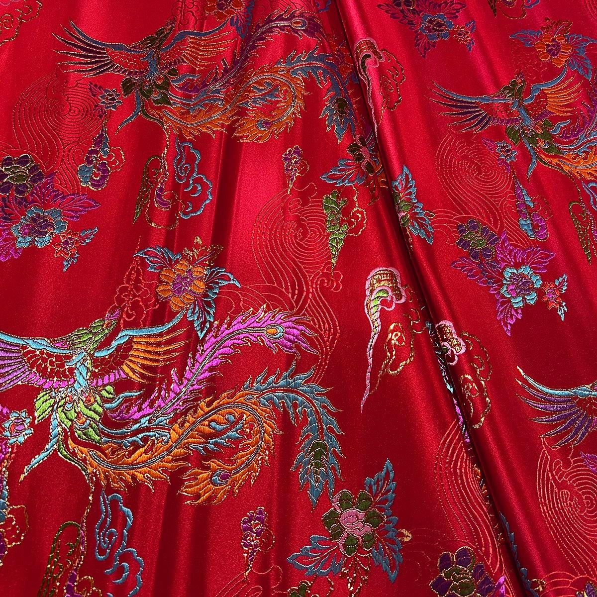 Tissu brocart Red Phoenix : satin de soie damassé cheongsam chinois, 75 cm de large