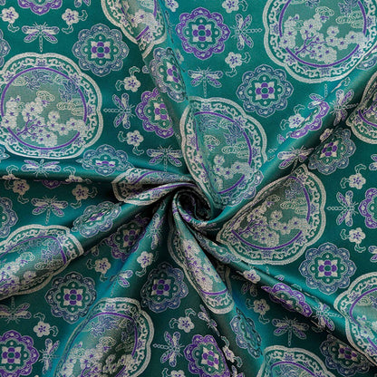 Tibetan Brocade Fabric by the Yard | Rayon Satin with Lotus Flower Embroidery | 58" Wide