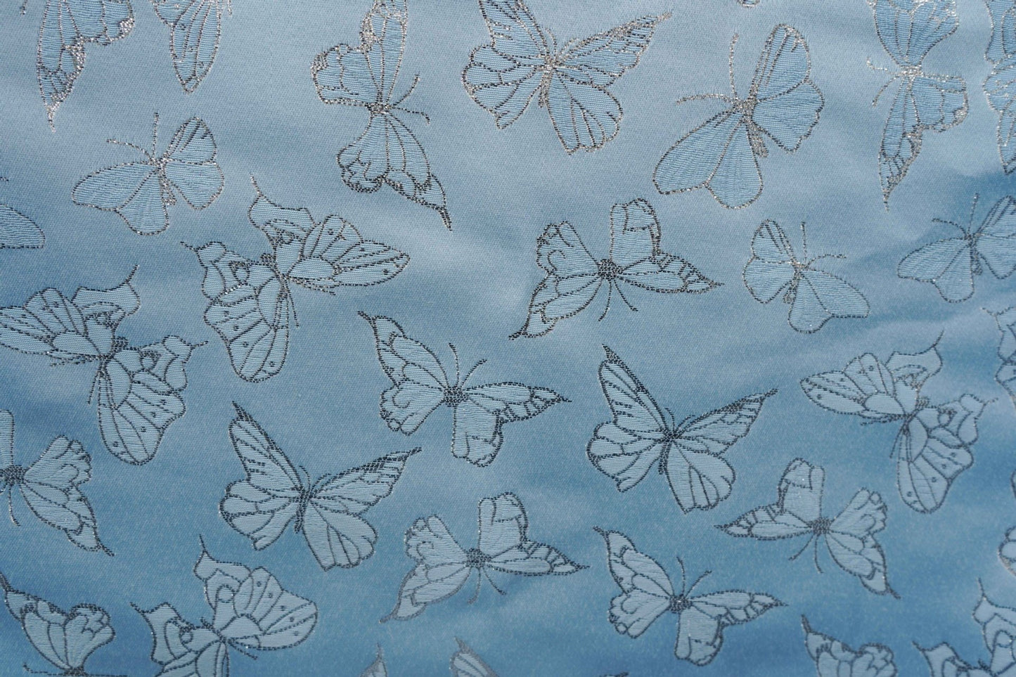 Blue Butterfly Jacquard Fabric: Silver Thread Rayon, 59" Wide