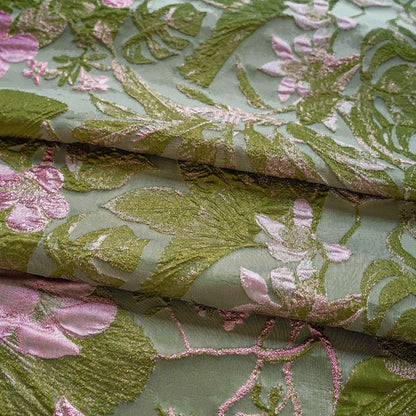 Gold Thread Floral Jacquard Fabric: Pea Green 3D Designer Fabric, 57" Wide