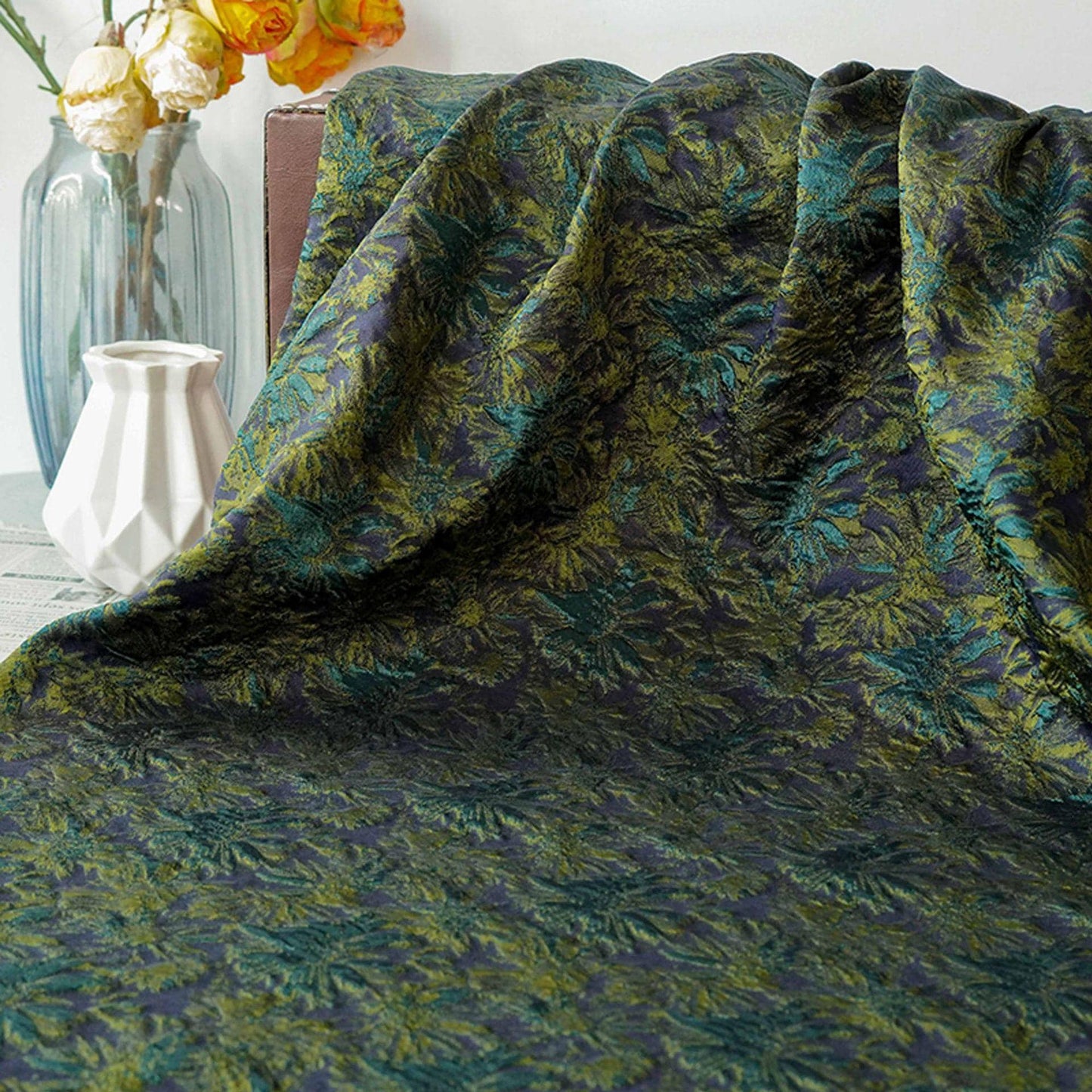 Vintage 3D Embossed Abstract Floral Woven Fabric ��� Quilting Material, Textured Craft Fabr" Wide