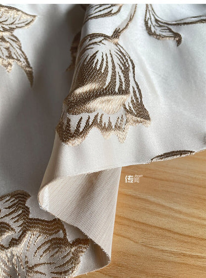 Champagne Magnolia Embroidered Jacquard Fabric: 57"W Floral Upholstery