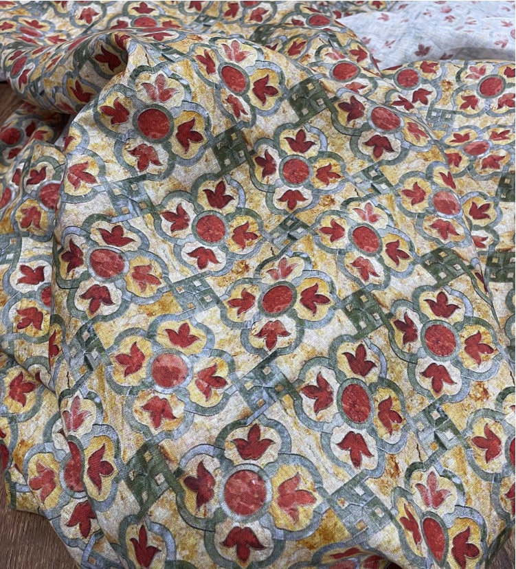 Dunhuang Fresco Linen Fabric: Asian Chinese Style Upholstery, Sewing, Scarf - 53"W